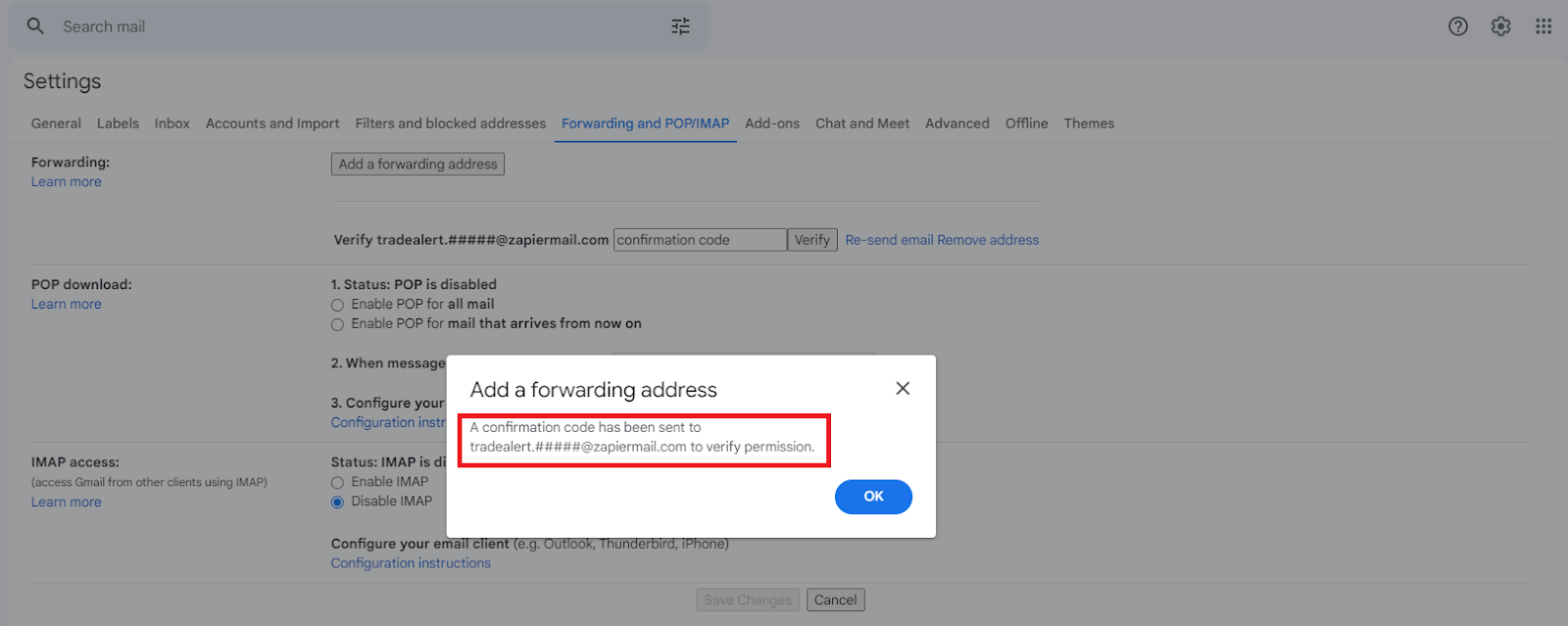 Gmail add a forwarding address confirmation code