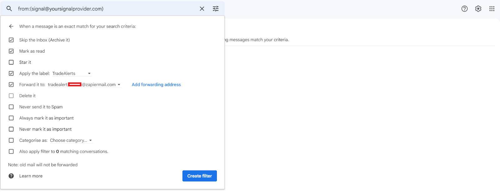 Gmail create filter and choose options