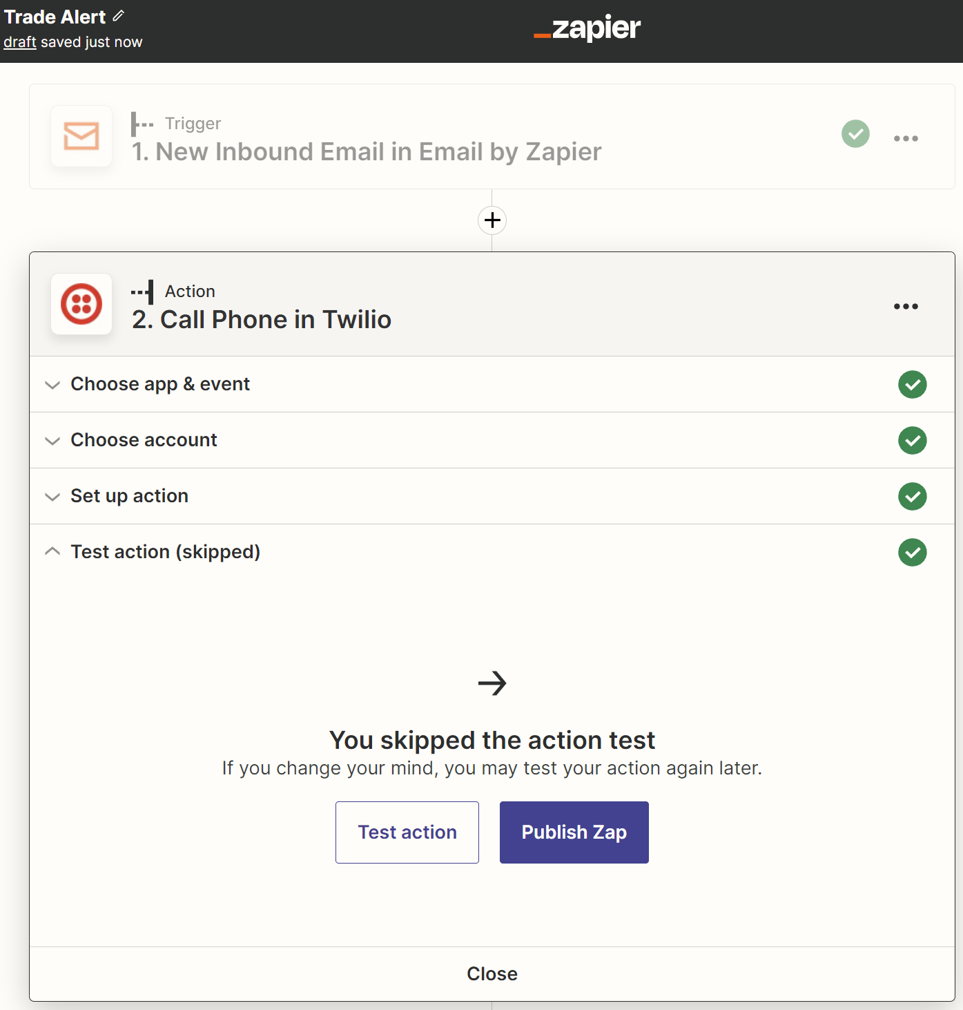 Zapier Zap Call Phone in Twilio Action Test