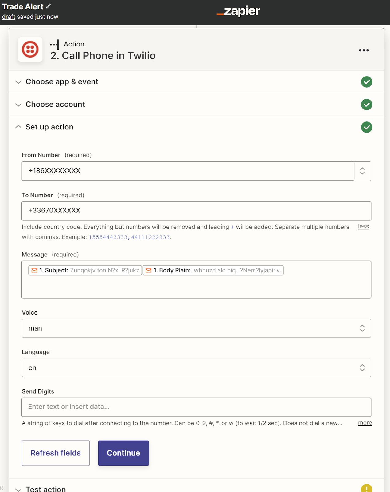 Zapier Zap Call Phone in Twilio settings