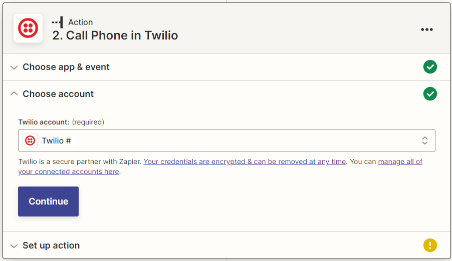 Zapier Zap Choose Twilio Access Account